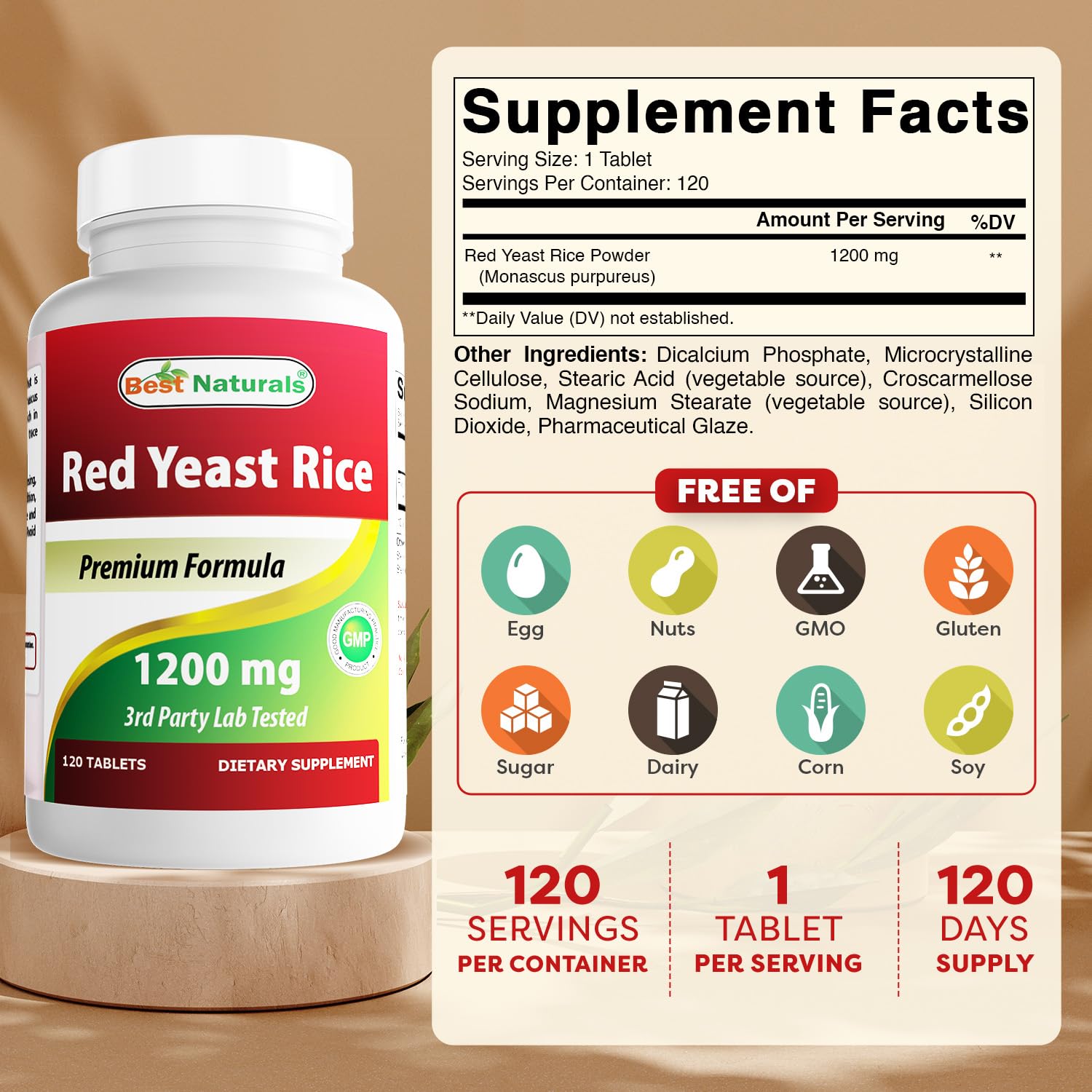 Best Naturals Red Yeast Rice Supplement bottle side view