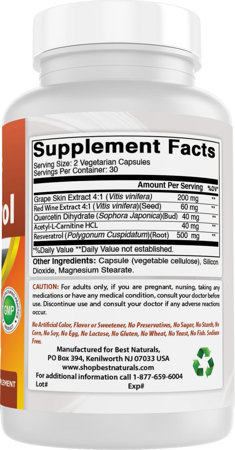Best Naturals Resveratrol Antioxidant Complex capsules in a clear glass