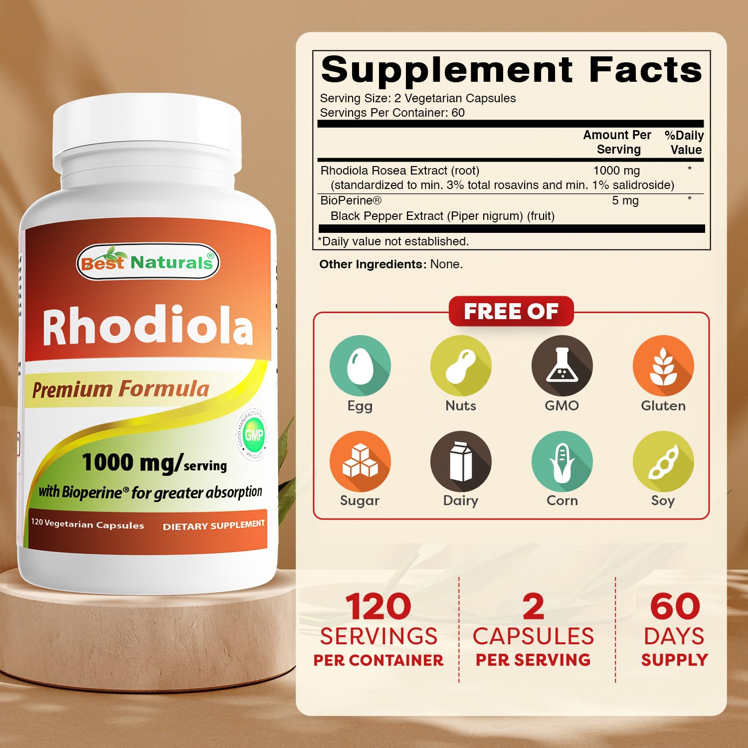 Best Naturals Rhodiola Rosea Extract 1000 mg capsule bottle side view