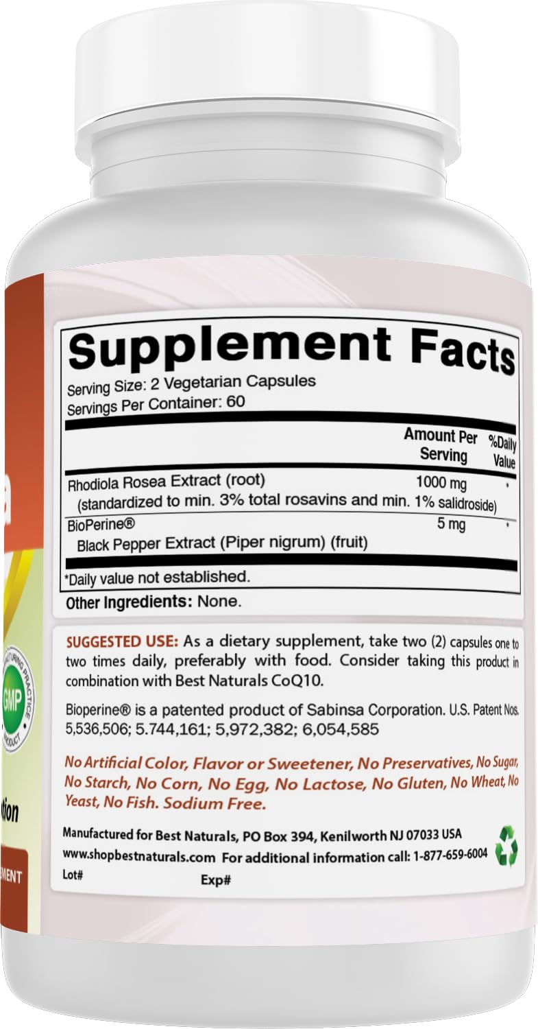 Best Naturals Rhodiola Rosea Extract 1000 mg capsules with a measuring spoon