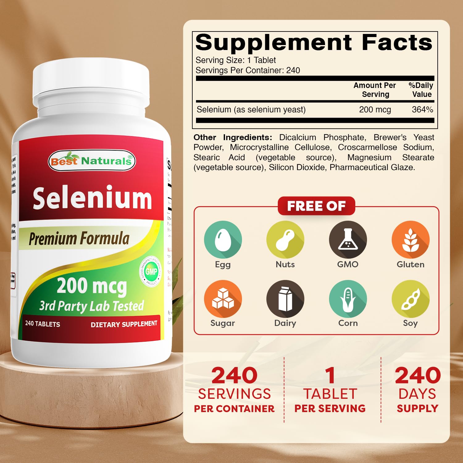 Best Naturals Selenium 200 mcg Tablets side view