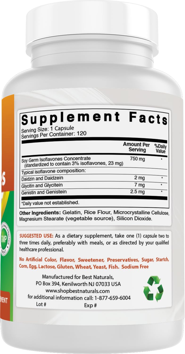 Best Naturals Soy Isoflavones capsules on a wooden table
