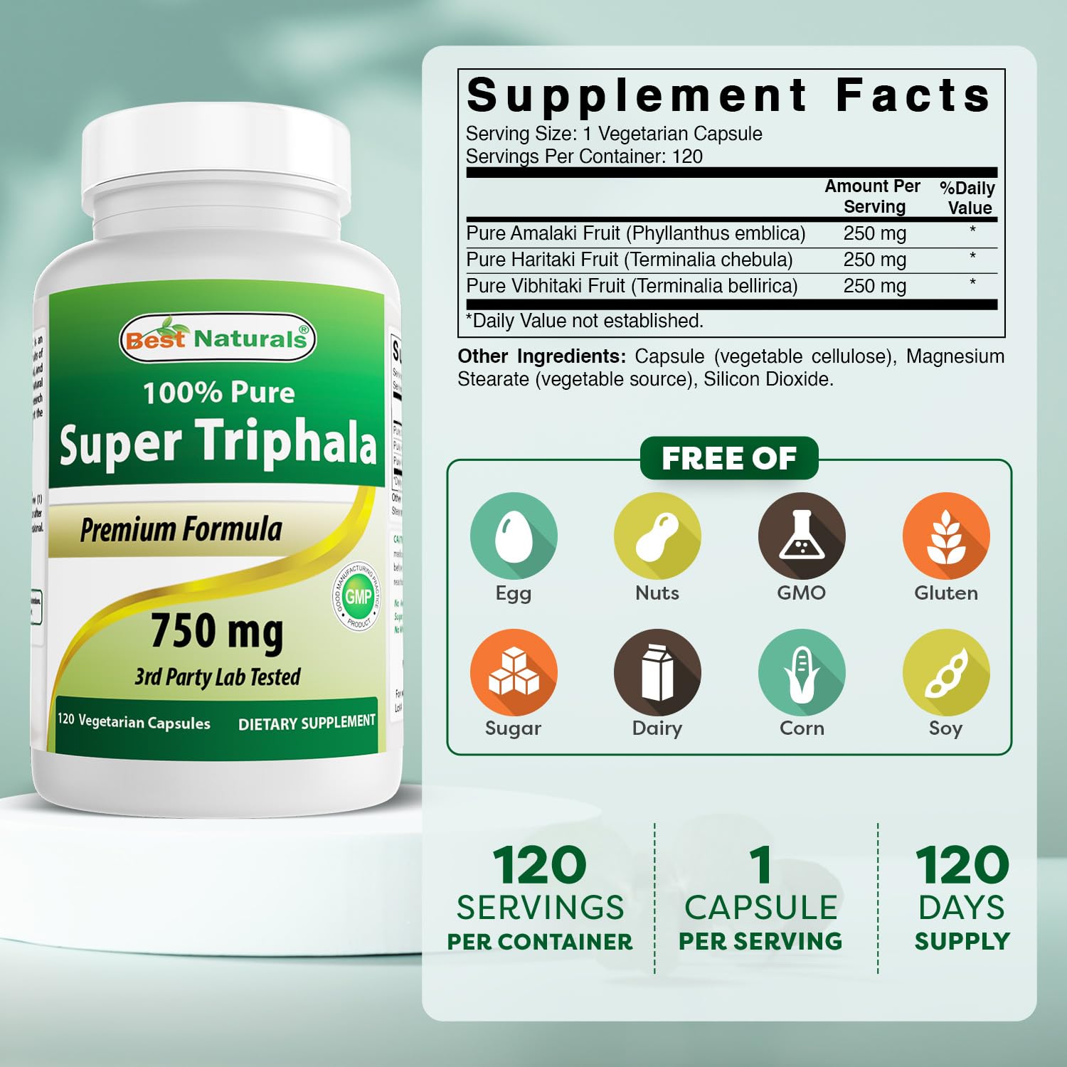 Best Naturals Super Triphala 750mg bottle side view