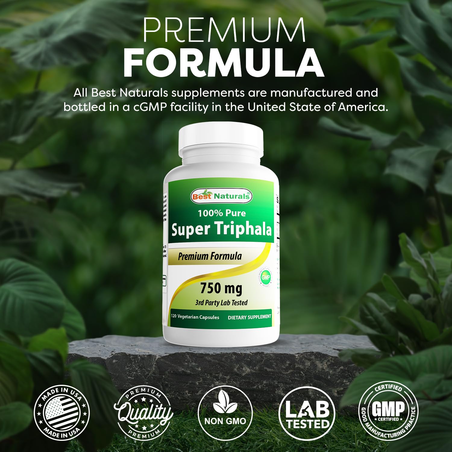 Best Naturals Super Triphala 750mg bottle with capsules spilled out