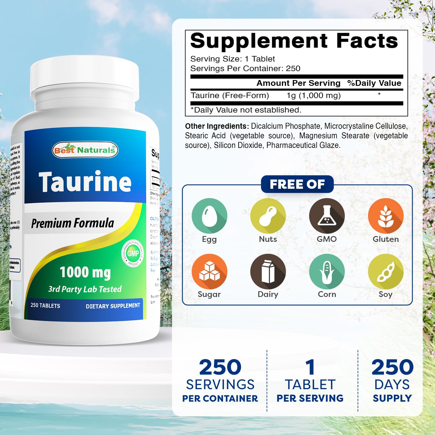 Best Naturals Taurine Tablets 1000 mg bottle side view