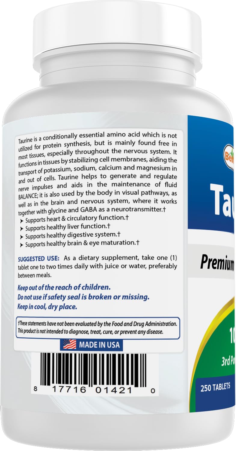 Best Naturals Taurine Tablets 1000 mg bottle with background