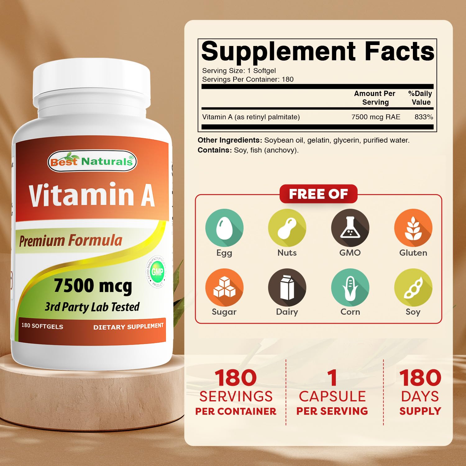 Best Naturals Vitamin A Softgels bottle with 180 capsules