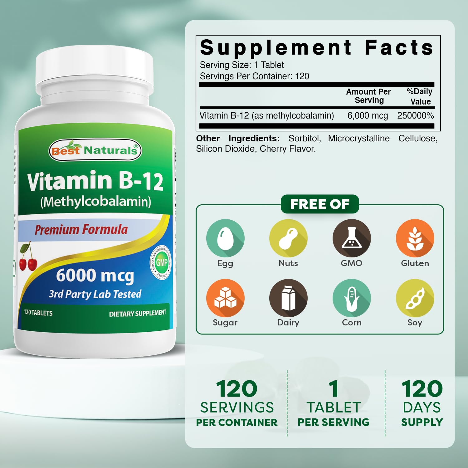 Best Naturals Vitamin B-12 6000 mcg 120 Tablets bottle side view