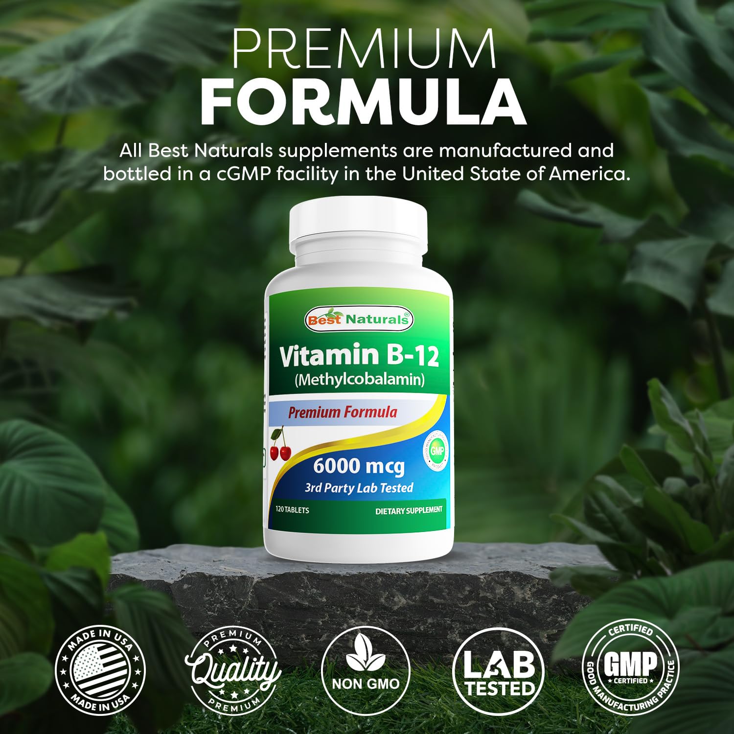 Best Naturals Vitamin B-12 6000 mcg tablets on a wooden table