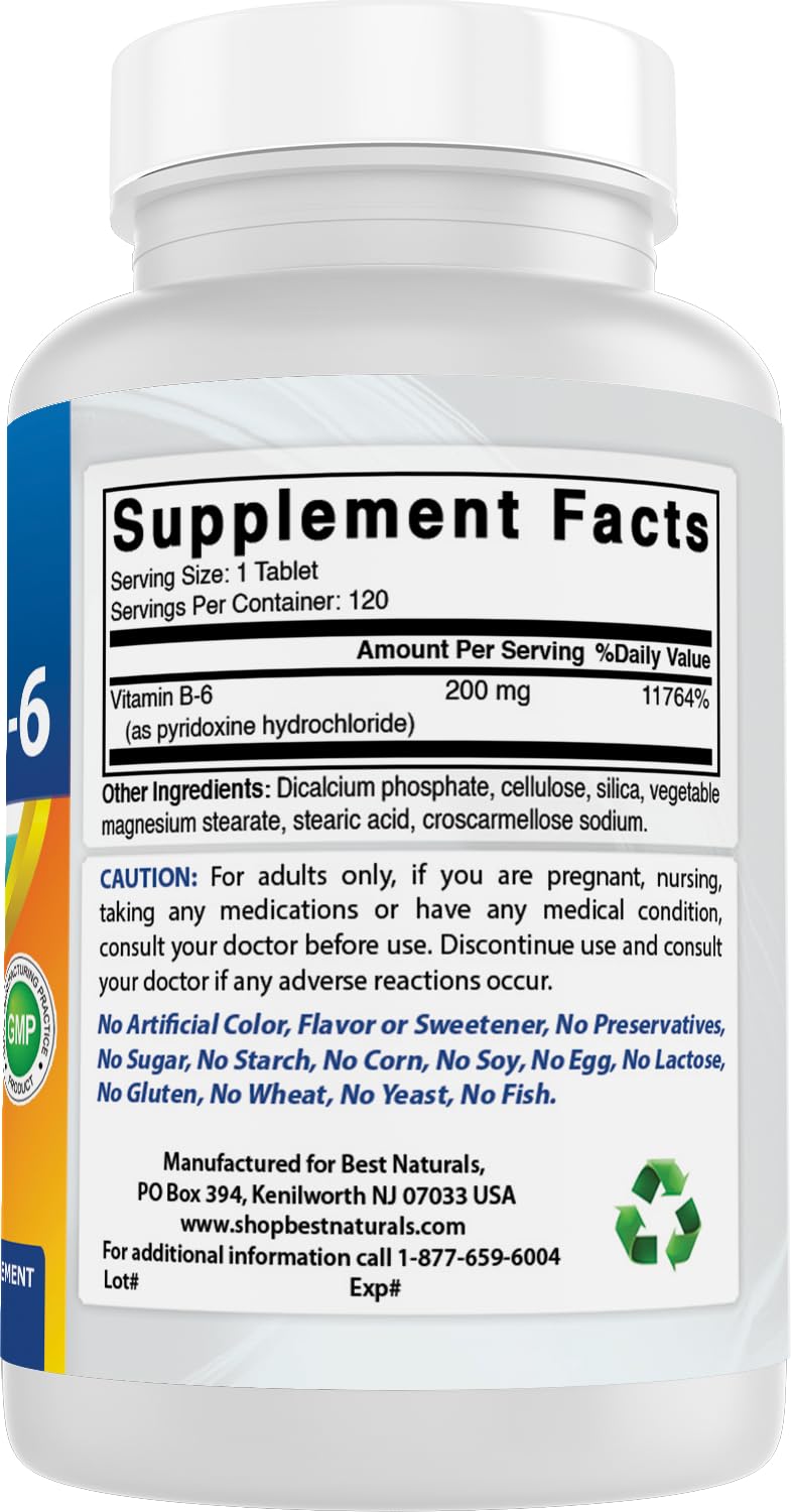 Best Naturals Vitamin B-6 200mg 120 Tablets with a measuring spoon
