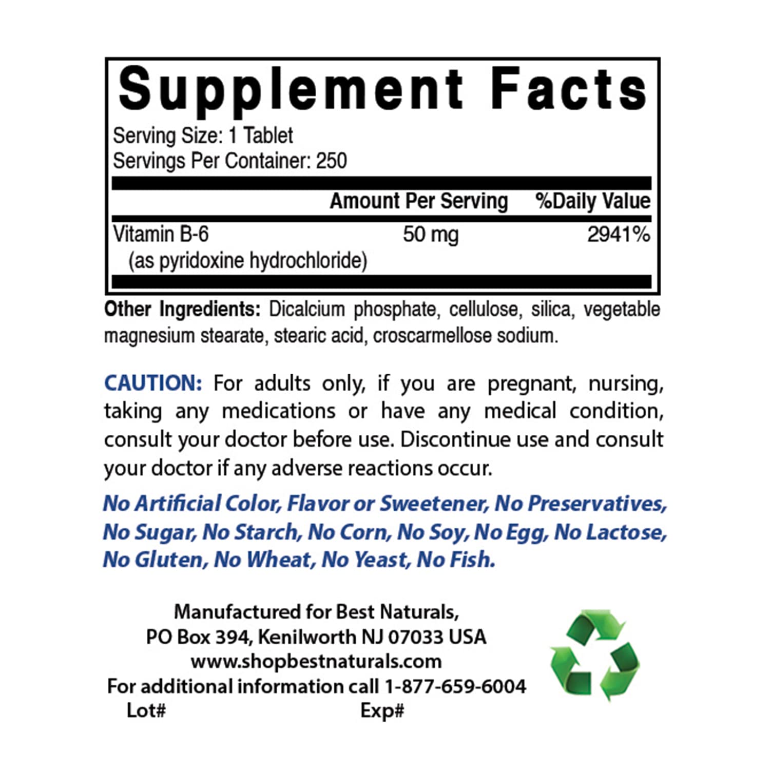 Best Naturals Vitamin B-6 250 Tablets bottle side view