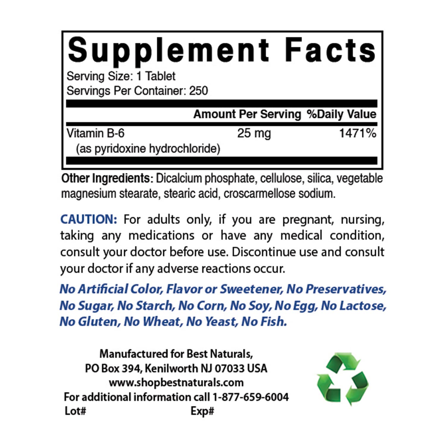 Best Naturals Vitamin B-6 250 Tablets bottle side view