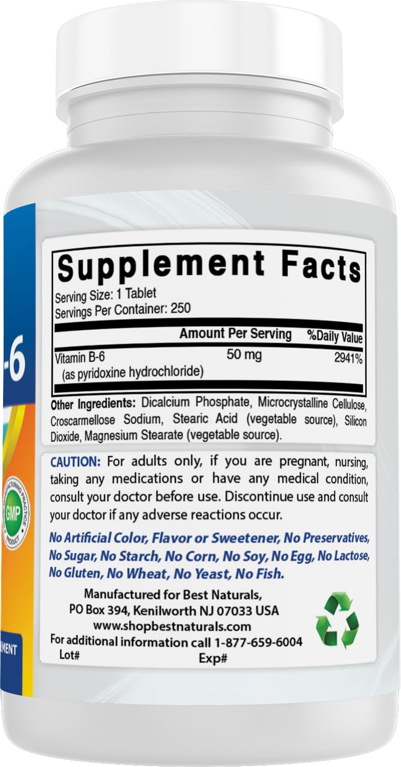 Best Naturals Vitamin B-6 250 Tablets label details