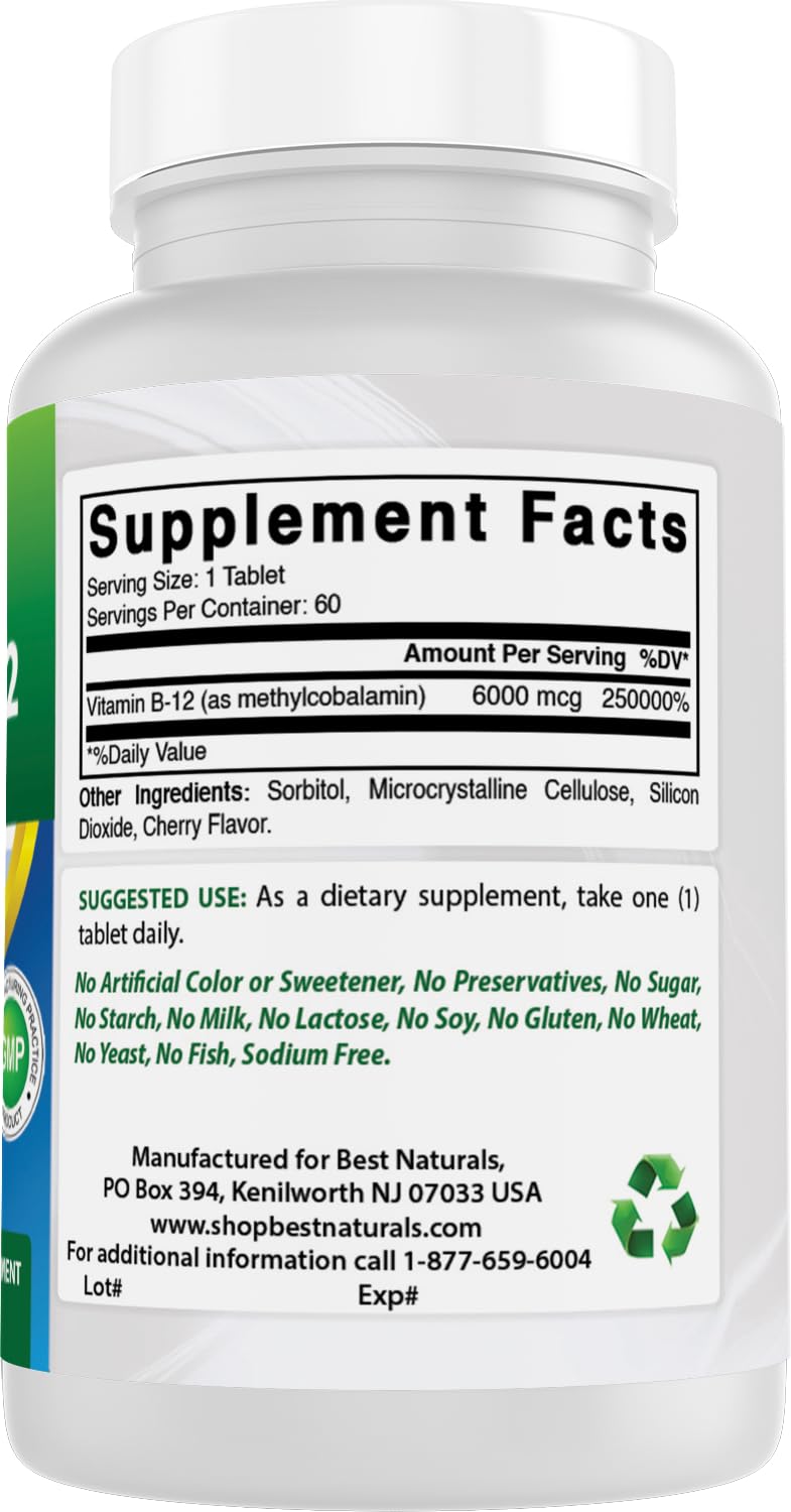 Best Naturals Vitamin B12 6000 mcg bottle on a table