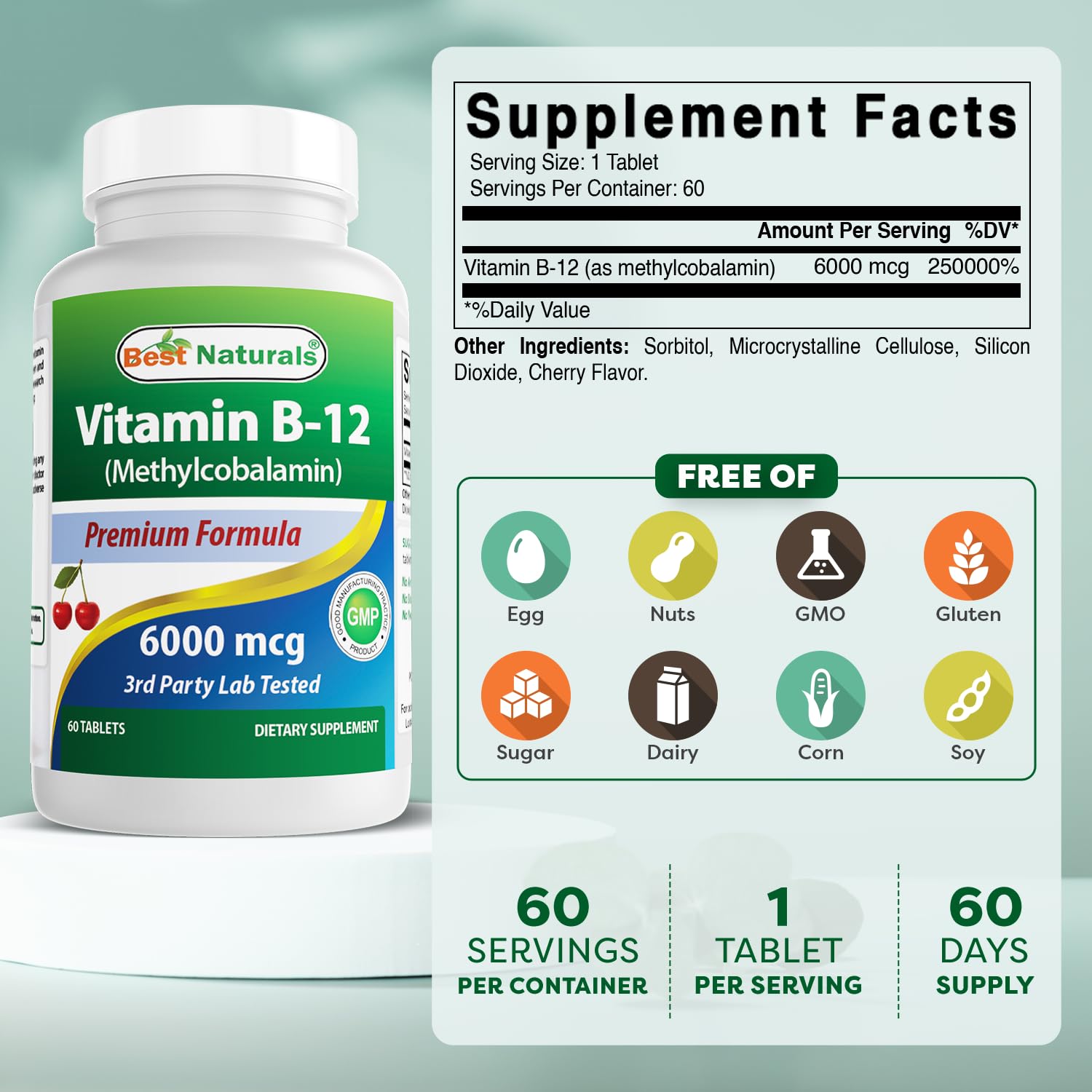 Best Naturals Vitamin B12 6000 mcg side view with label