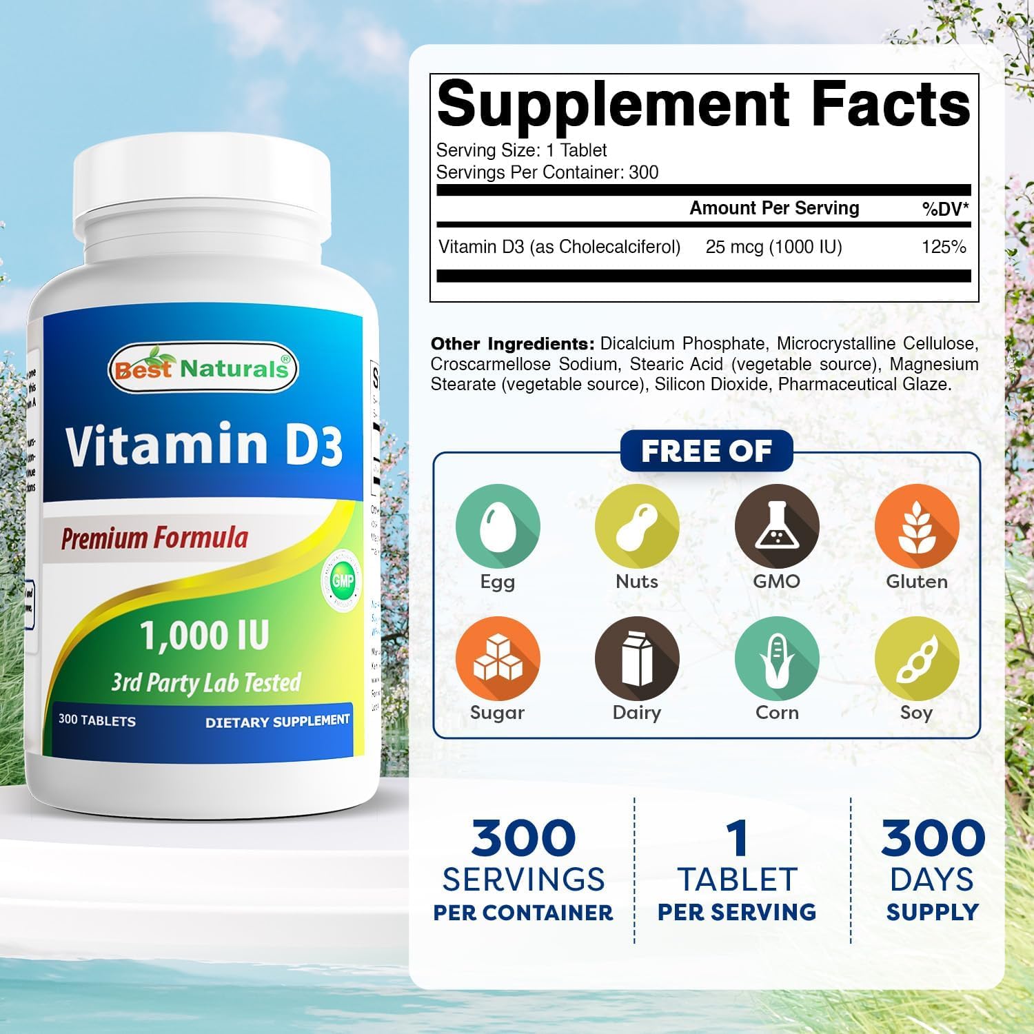 Best Naturals Vitamin D3 300 Tablets side view