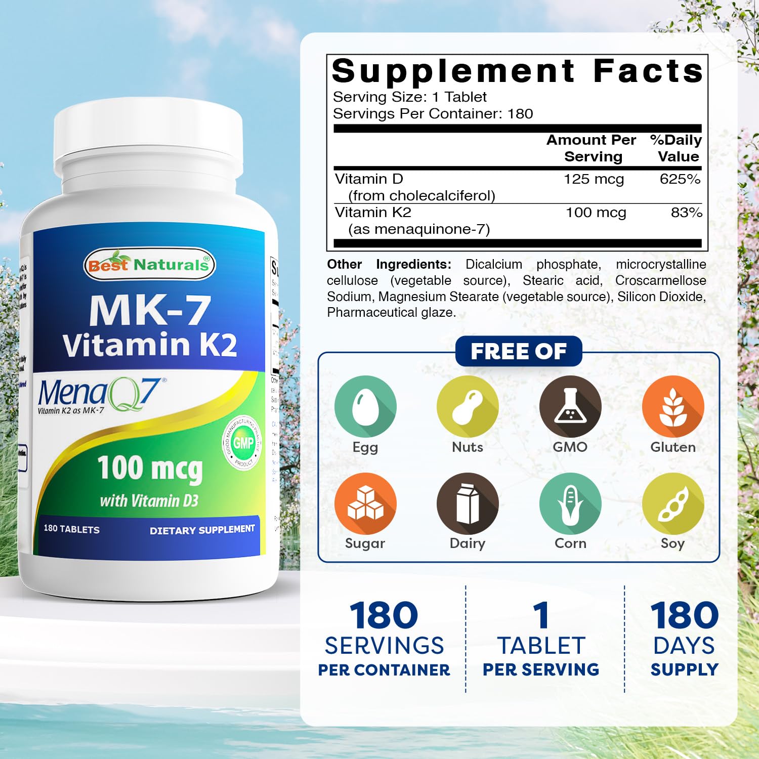 Best Naturals Vitamin D3 & K2 180 Tablets bottle side view