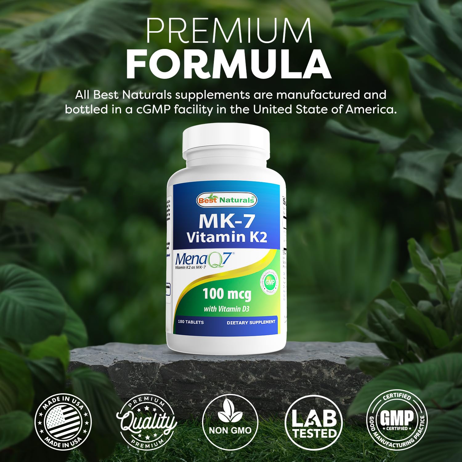 Best Naturals Vitamin D3 & K2 180 Tablets on a wooden table