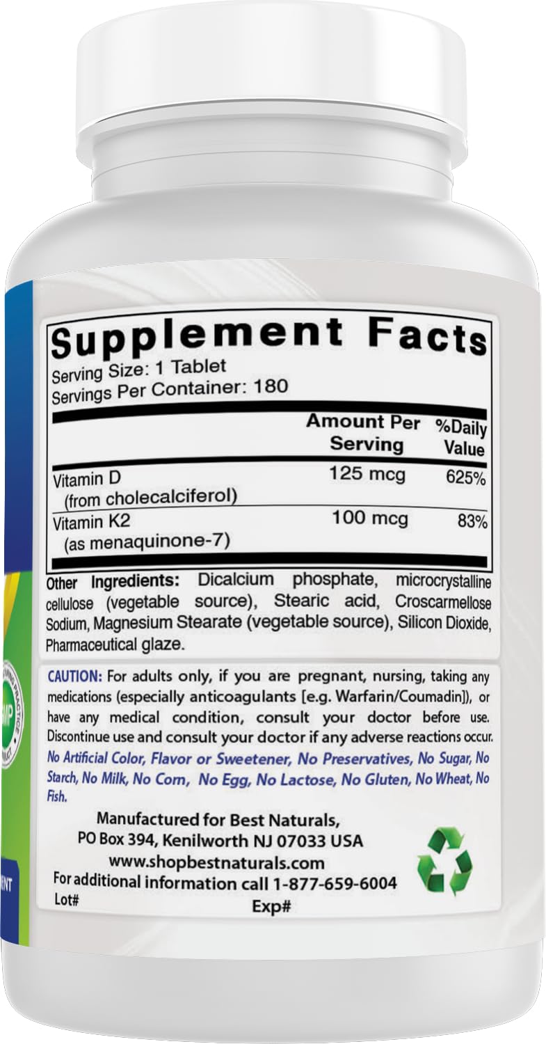 Best Naturals Vitamin D3 & K2 180 Tablets with measuring spoon