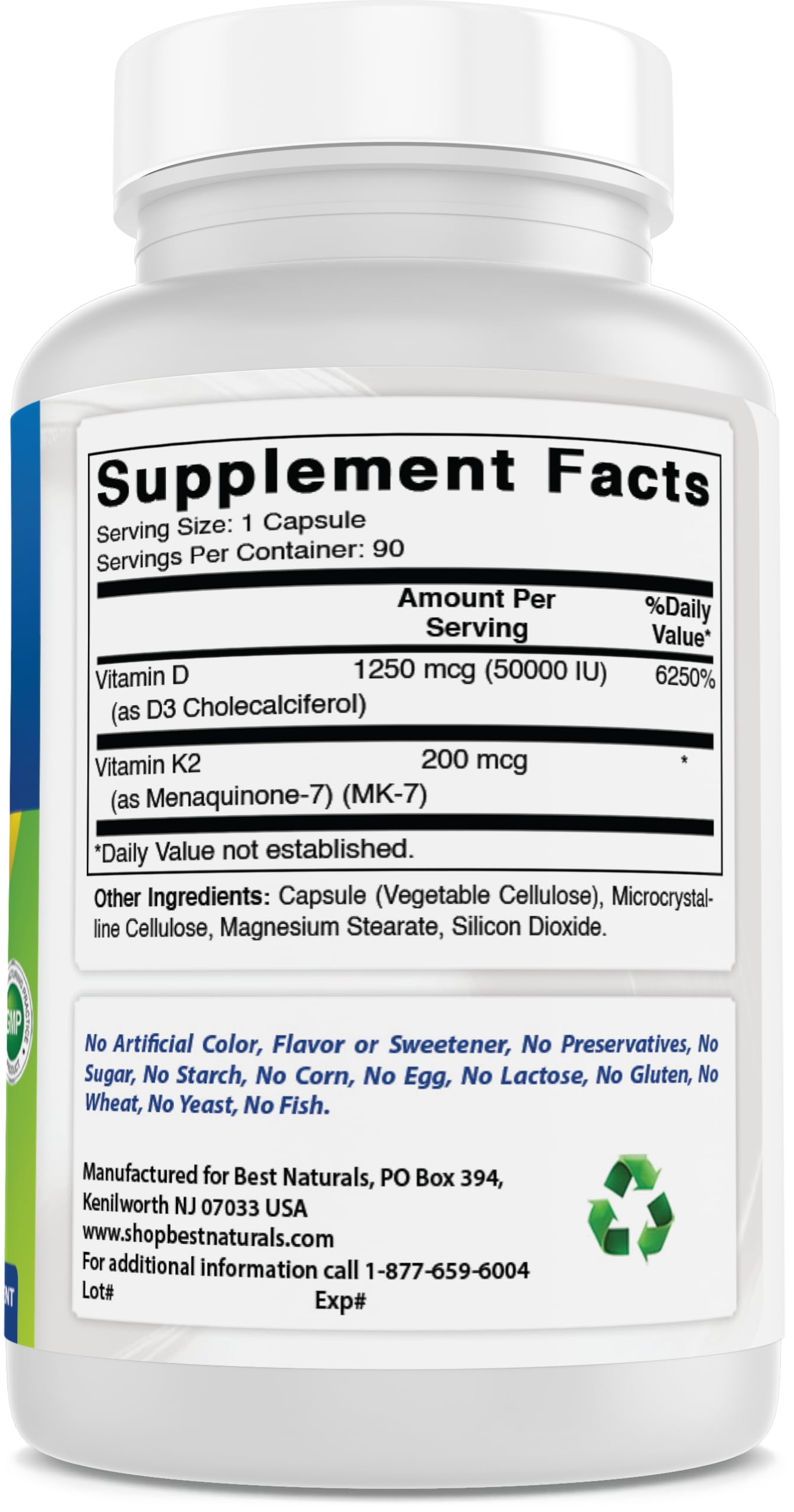 Best Naturals Vitamin D3 + K2 MK-7 bottle side view
