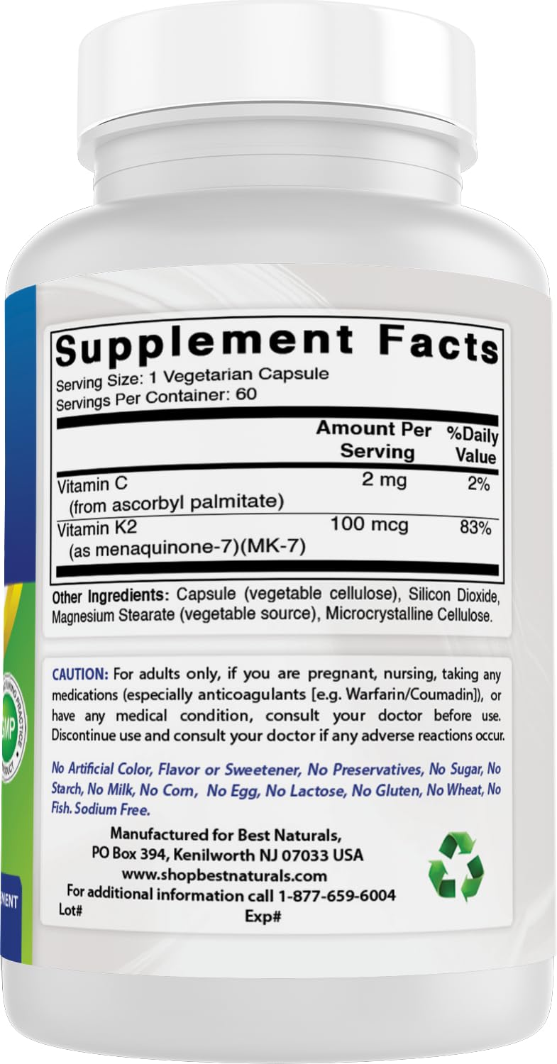 Best Naturals Vitamin K2 MK-7 100 mcg capsules back view