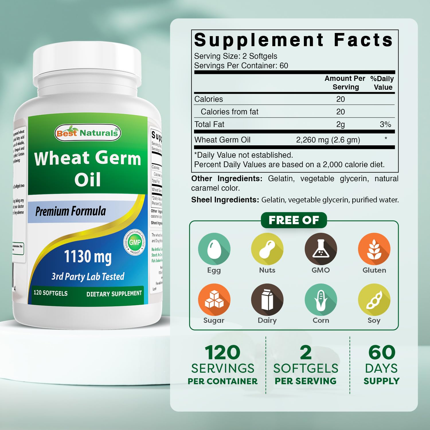Best Naturals Wheat Germ Oil 120 softgels bottle side view