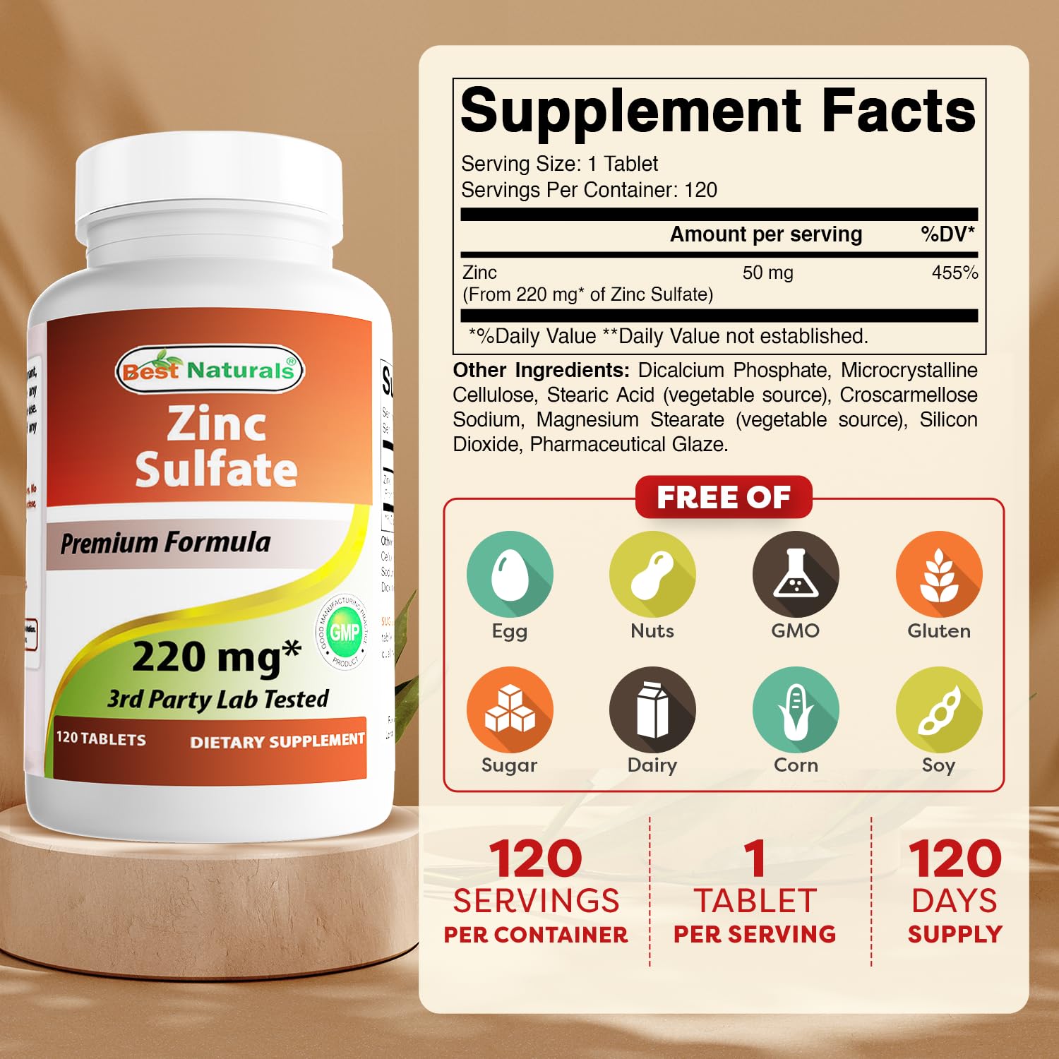 Best Naturals Zinc Sulfate Tablets 220mg bottle side view