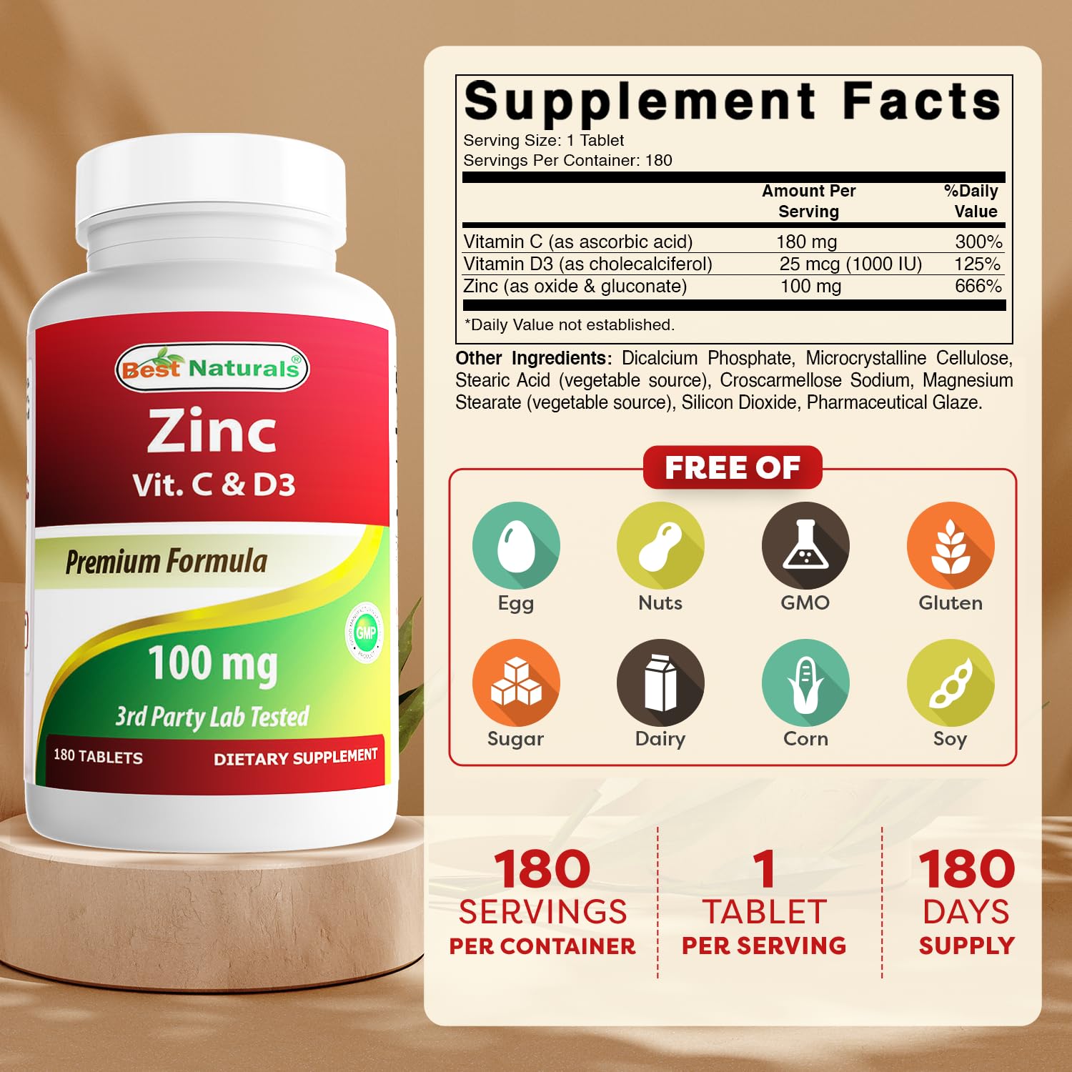 Best Naturals Zinc Supplement 180 tablets side view