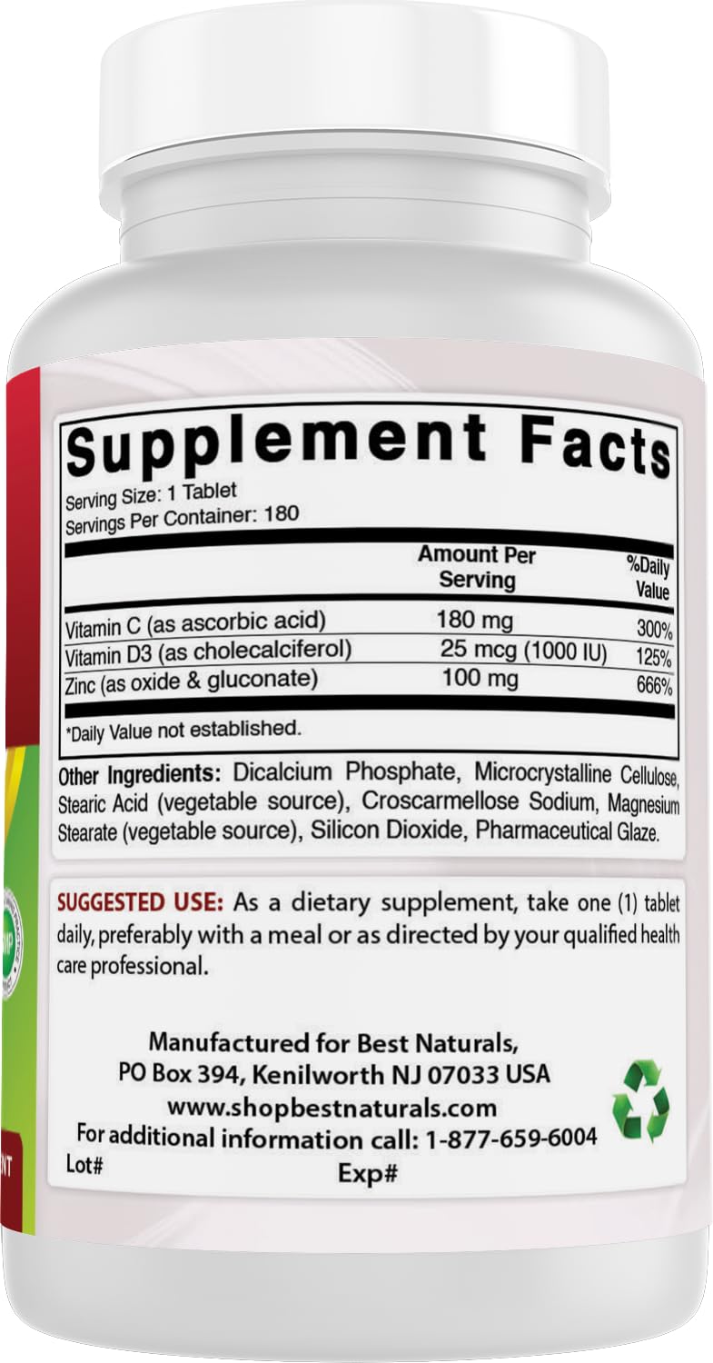 Best Naturals Zinc Supplement with Vitamin D3 and C details