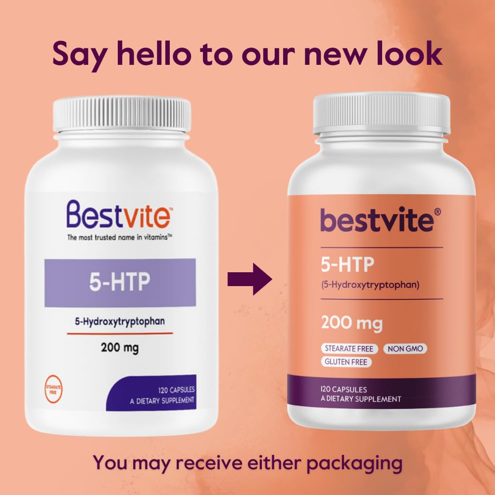 BESTVITE 5-HTP Supplement 200mg capsule bottle with natural background