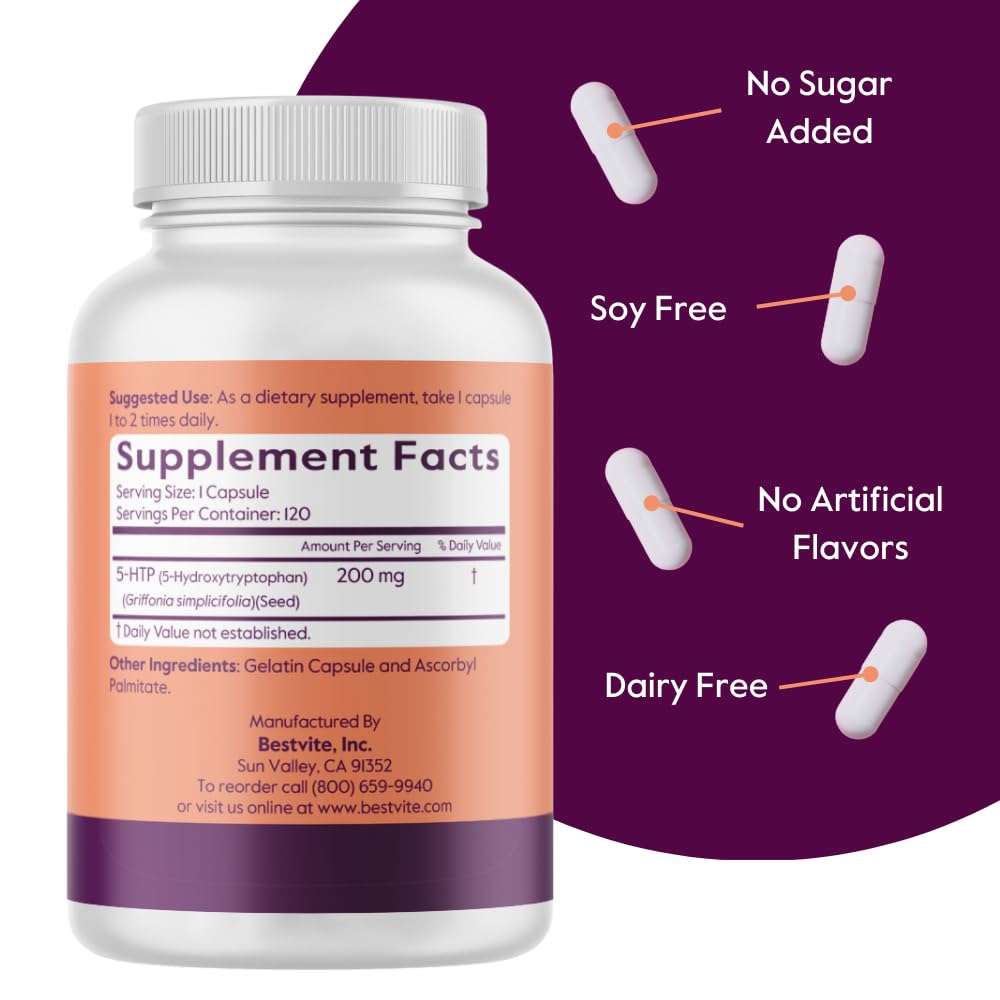 BESTVITE 5-HTP Supplement 200mg capsules on a wooden table
