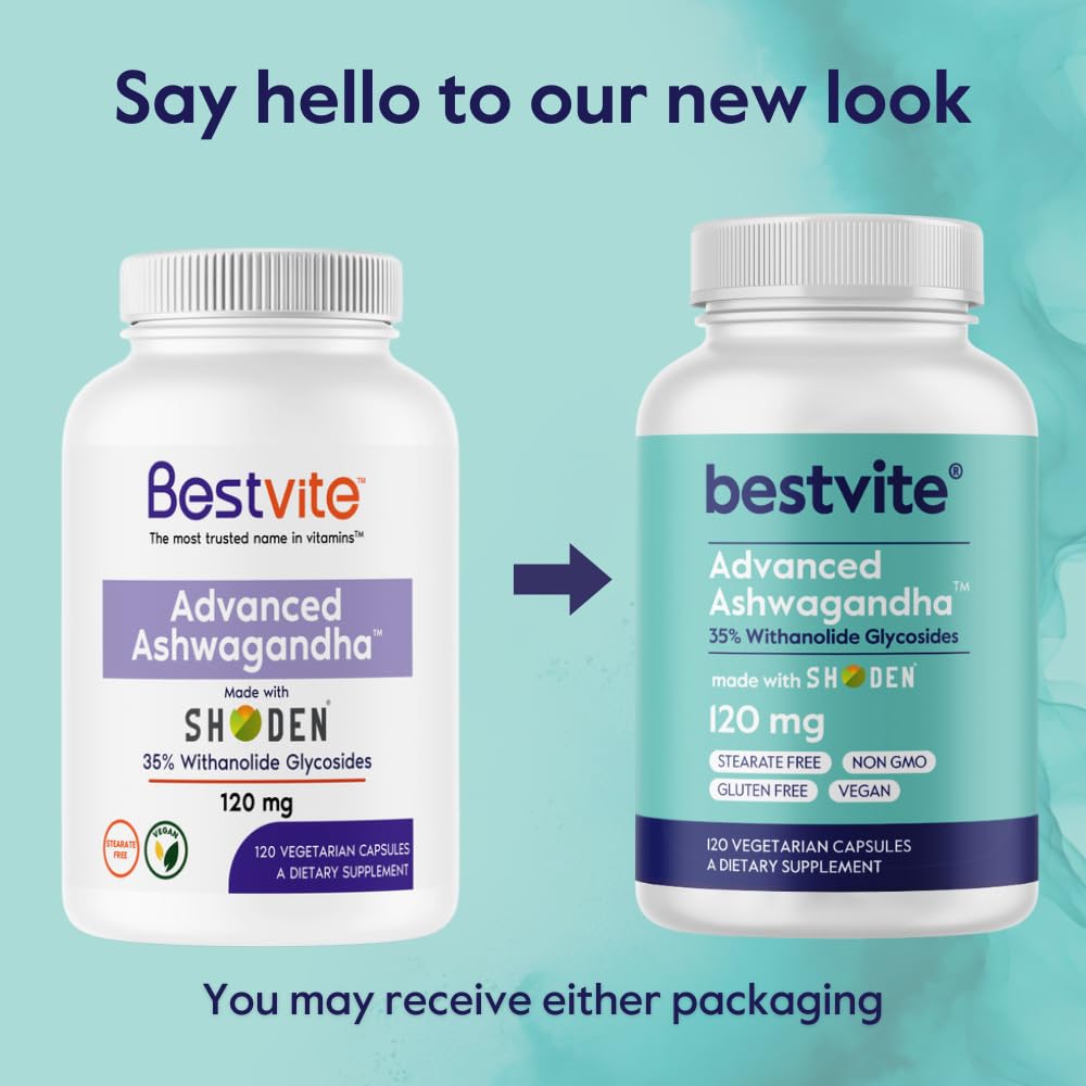 BESTVITE Advanced Ashwagandha capsules displayed with a measuring spoon