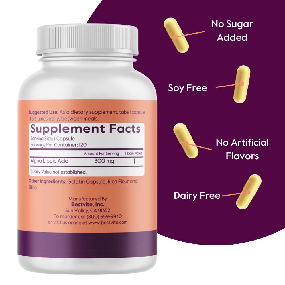 BESTVITE Alpha Lipoic Acid 300mg capsules bottle with label