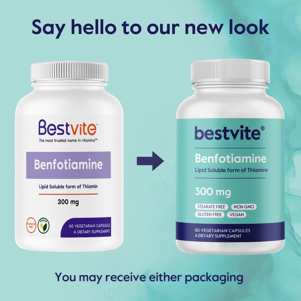 BESTVITE Benfotiamine Vitamin B-1 Supplement 300mg capsules on a wooden table