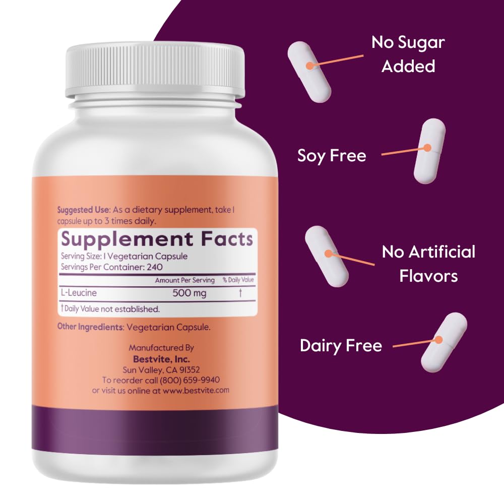 BESTVITE L-Leucine BCAA Supplement 500mg side view