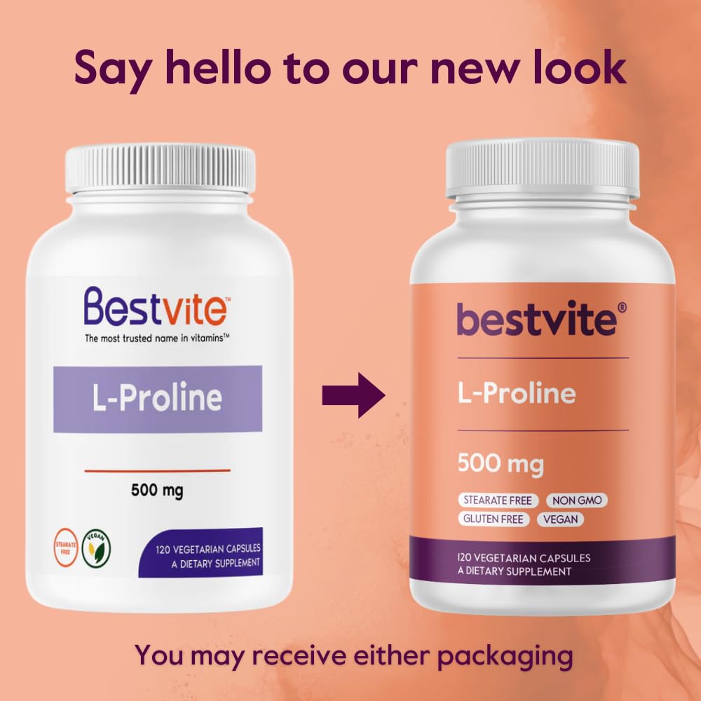 BESTVITE L-Proline 500mg supplement on wooden table