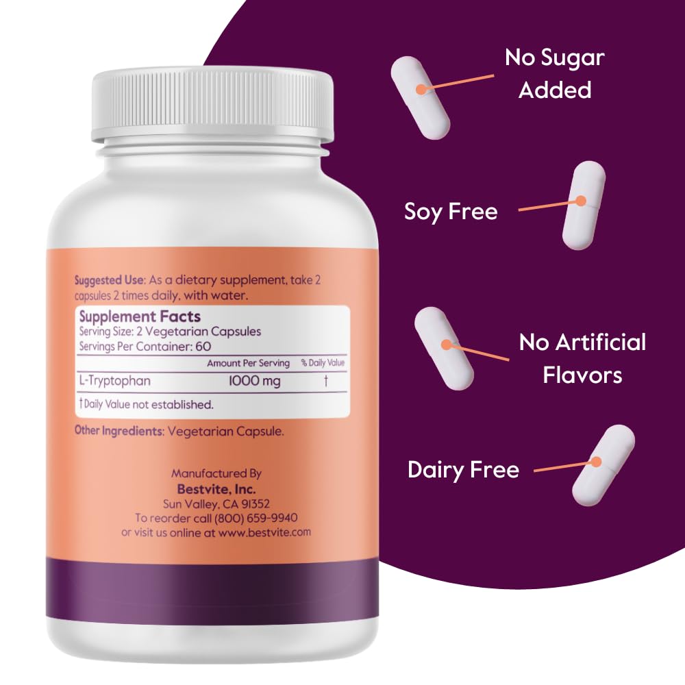 BESTVITE L-Tryptophan 500mg 120 Veg Capsules back view