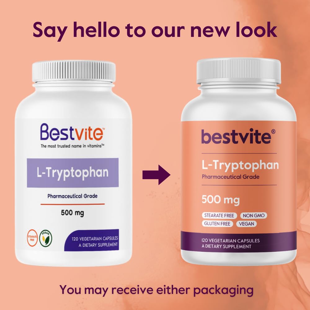 BESTVITE L-Tryptophan 500mg 120 Veg Capsules on a wooden table