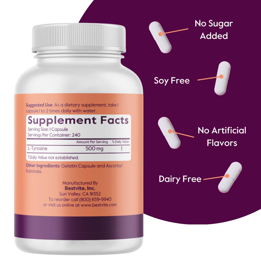 BESTVITE L-Tyrosine 500mg capsules bottle with label