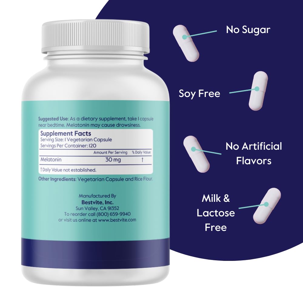 BESTVITE Melatonin Capsules 30mg back label