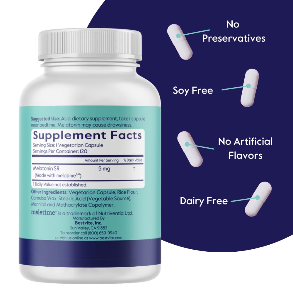 BESTVITE Melatonin SR 5mg 120 Veg Capsules back view