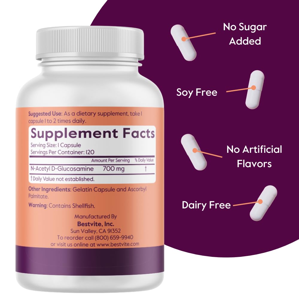BESTVITE N-Acetyl D-Glucosamine Capsules 700mg bottle with label