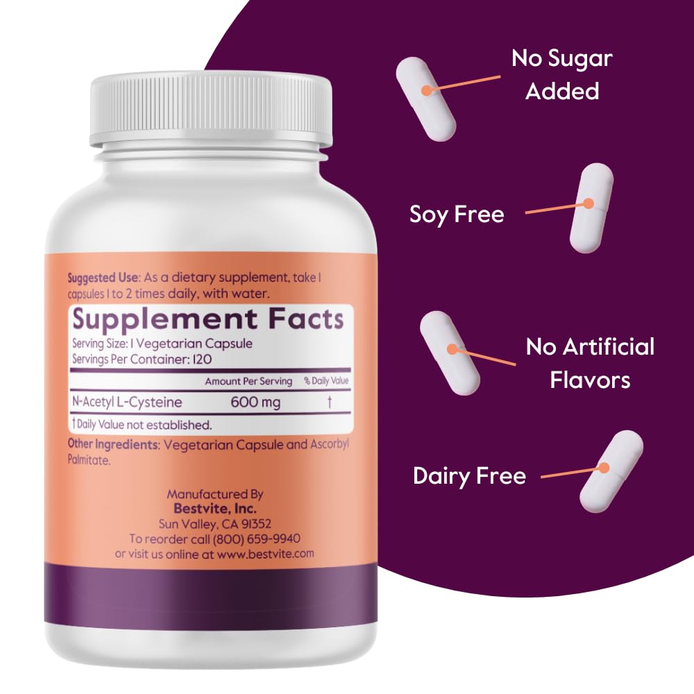 BESTVITE N-Acetyl L-Cysteine 600mg capsules bottle with label