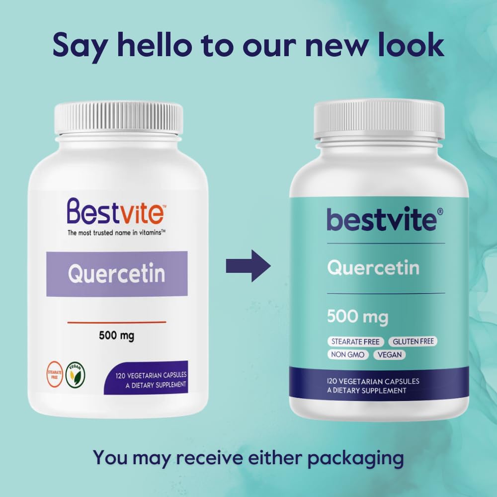 BESTVITE Quercetin 500mg capsules on a wooden surface