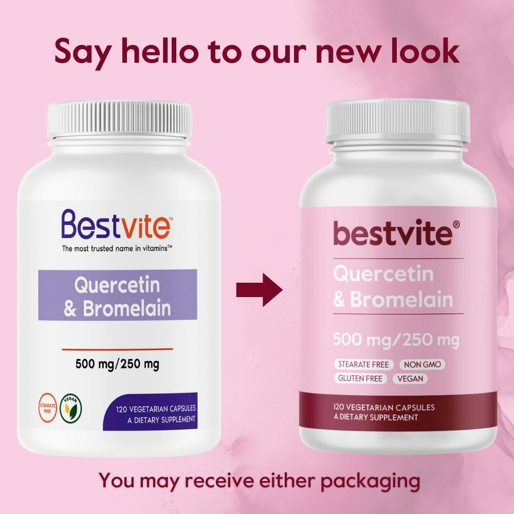 BESTVITE Quercetin & Bromelain supplement bottle with a green plant background