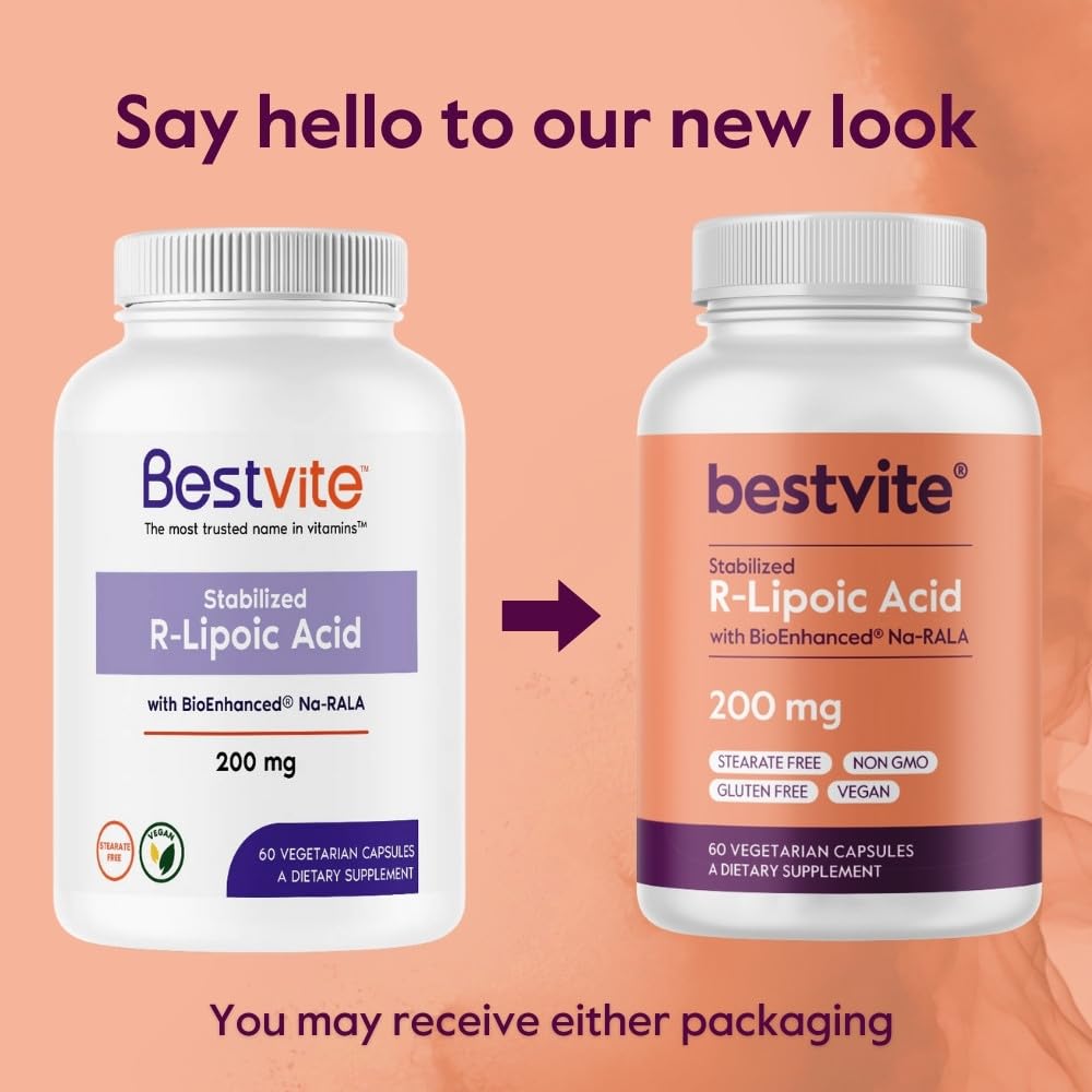 BESTVITE R-Alpha Lipoic Acid Capsules 200mg on a wooden table