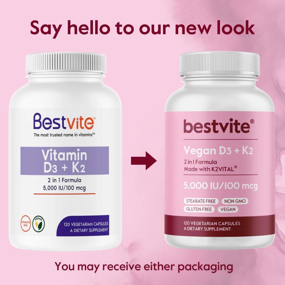 BESTVITE Vegan Vitamin D3 + K2 capsules on wooden table