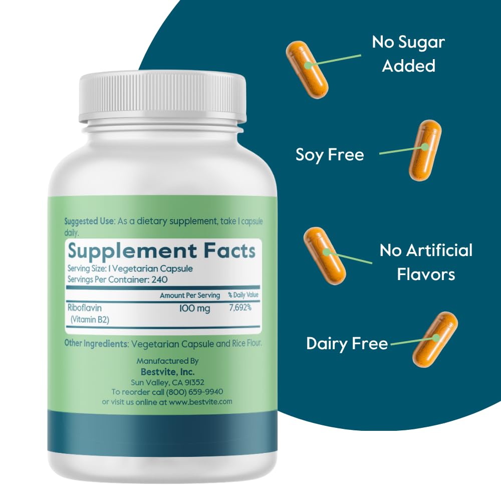 BESTVITE Vitamin B-2 Riboflavin 100mg capsules bottle with label
