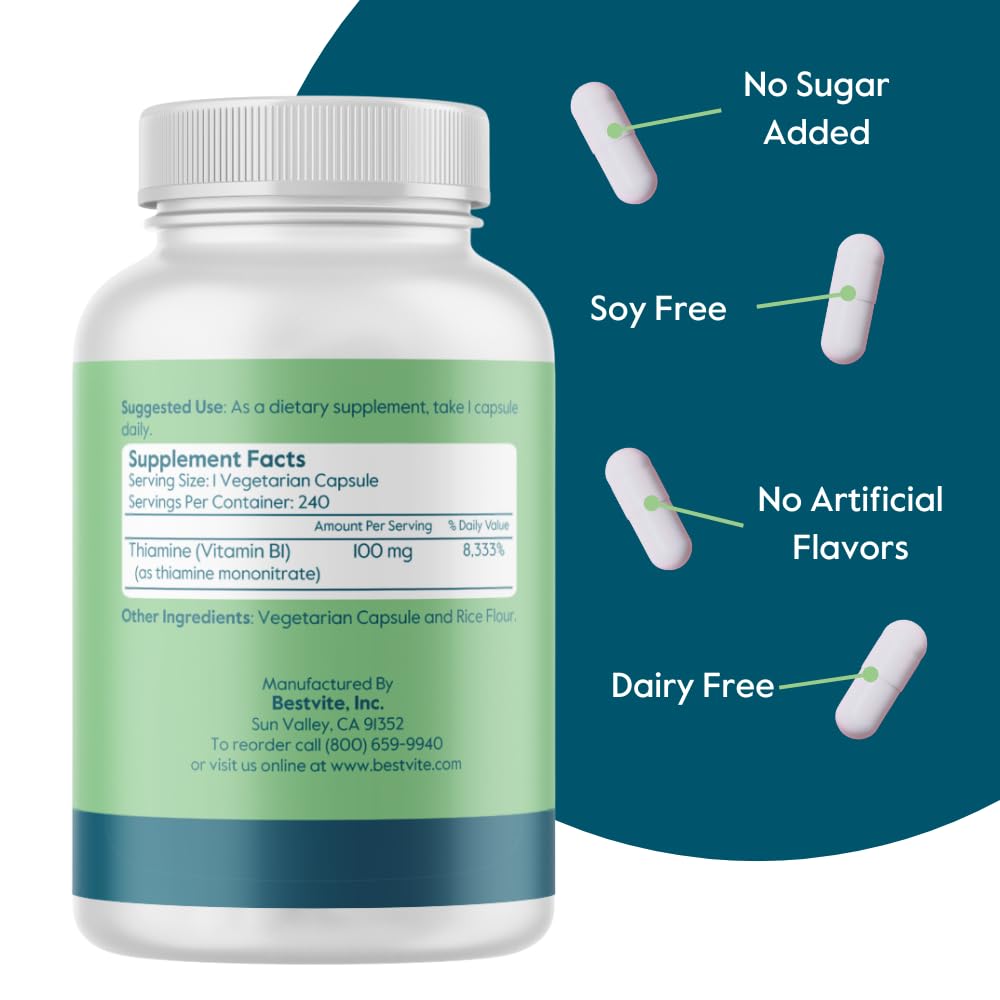 BESTVITE Vitamin B1 Thiamine 100mg Capsules bottle with label
