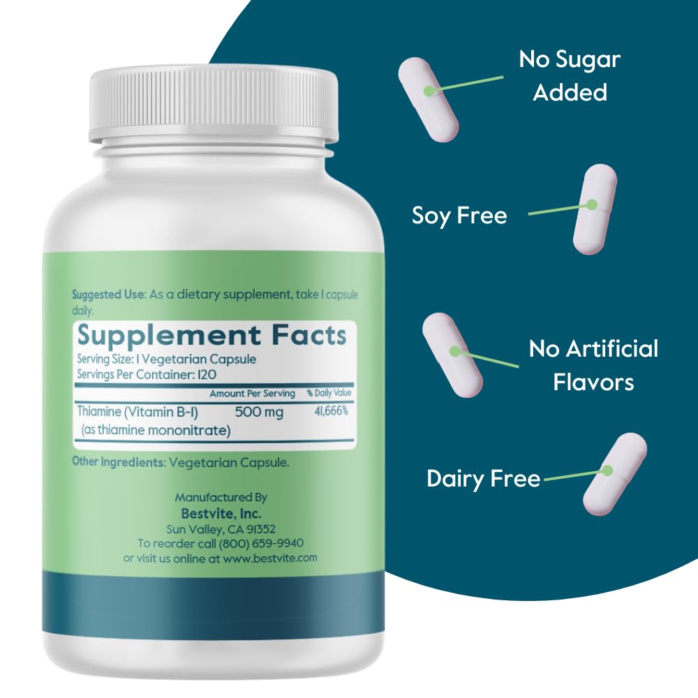 BESTVITE Vitamin B1 Thiamine 500mg Capsules bottle with label